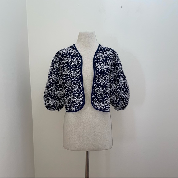 Maeve Anthropologie Navy Embroidery Floral Cropped Draped Shrug Jacket One Size - Picture 2 of 16